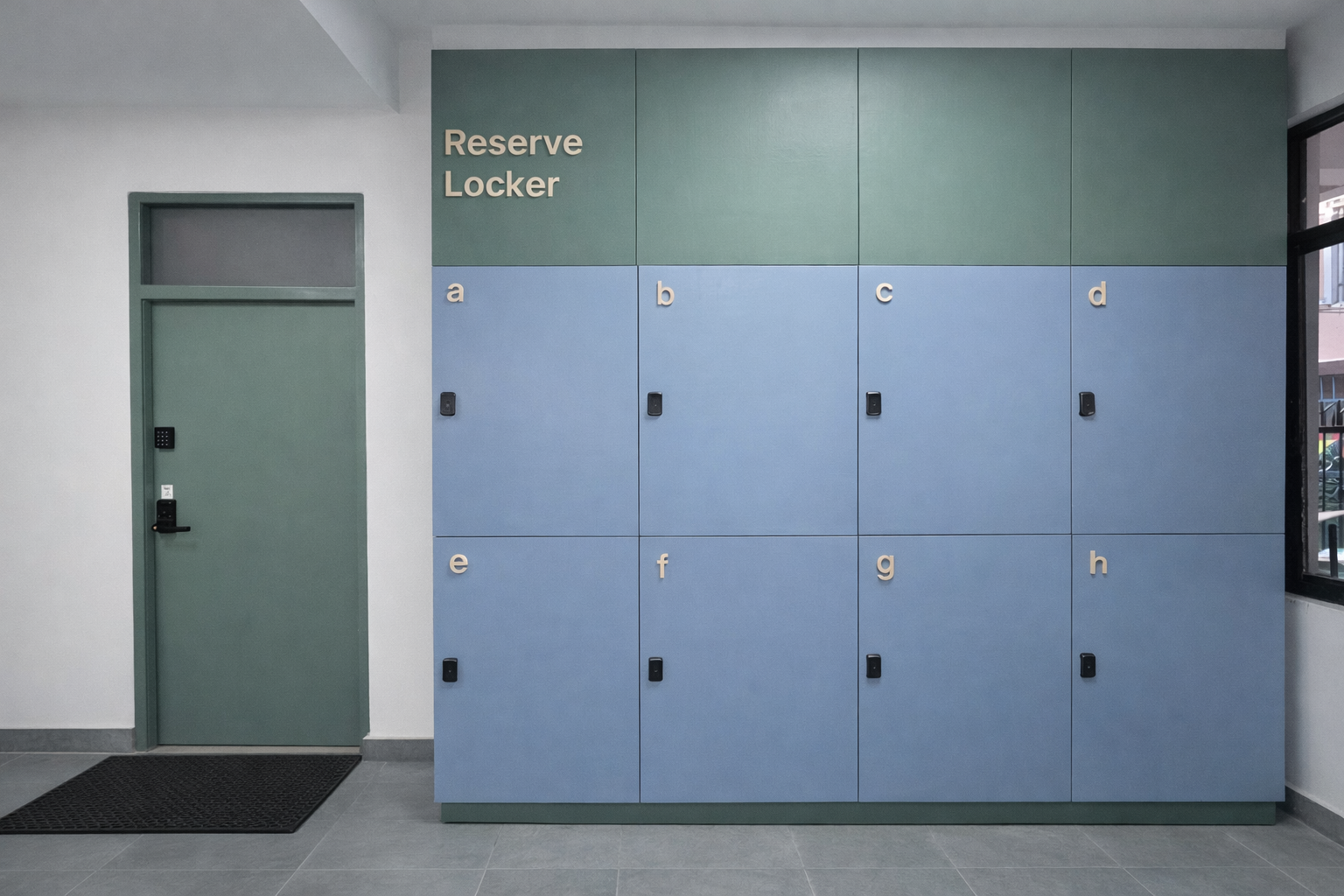 Tiny Living Apartments Reserve Locker — eight blue lettered locker doors (a through h) with electronic keypads, beneath a sage-green 'Reserve Locker' header, next to a matching green secure access door in a bright ground-floor lobby